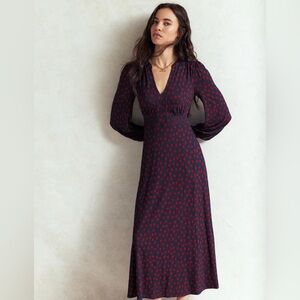 Boden Ivy Smocked Midi Dress in French Navy Painted Dot